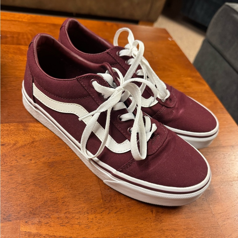 Maroon and white vans